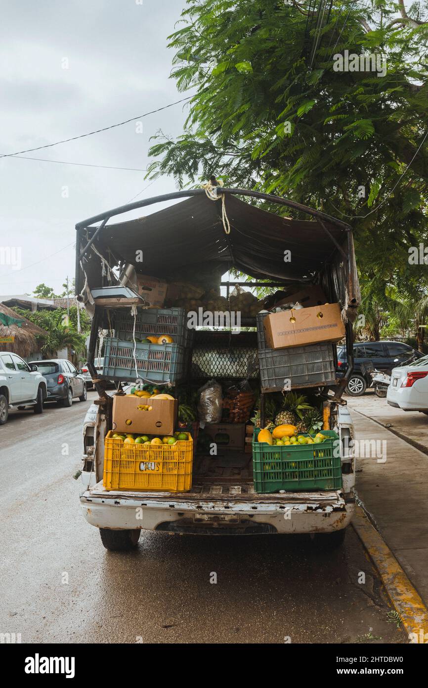 Lavoratore messicano, con un camion pieno di frutta Foto Stock