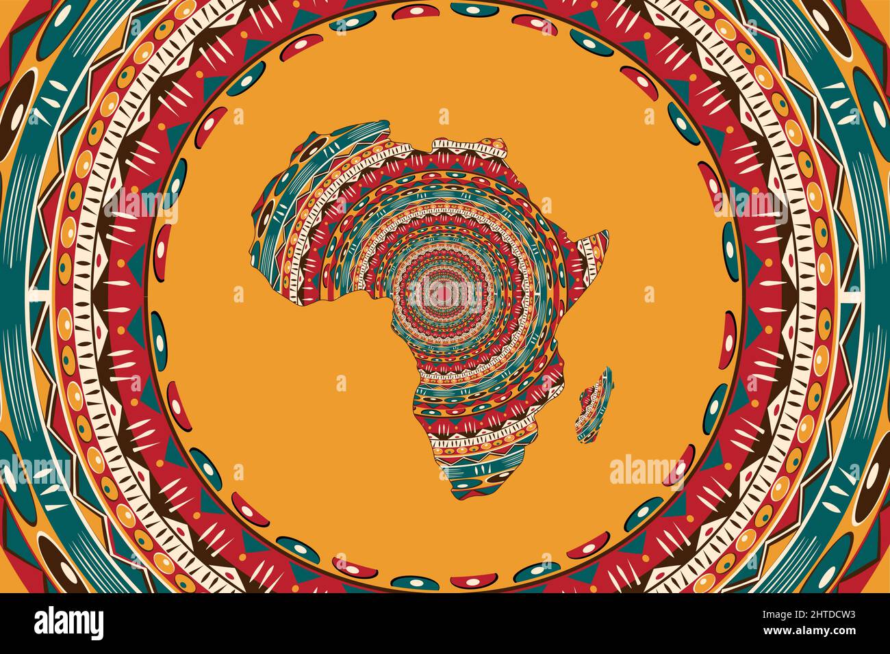 Africa mappa modellata e frame motivi etnici. Banner con tradizionale grunge tribale motivo africano, elementi, concept design. Vettore isolato arancione Illustrazione Vettoriale