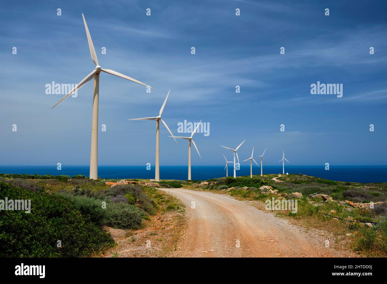 Turbine eoliche. Isola di Creta, Grecia Foto Stock