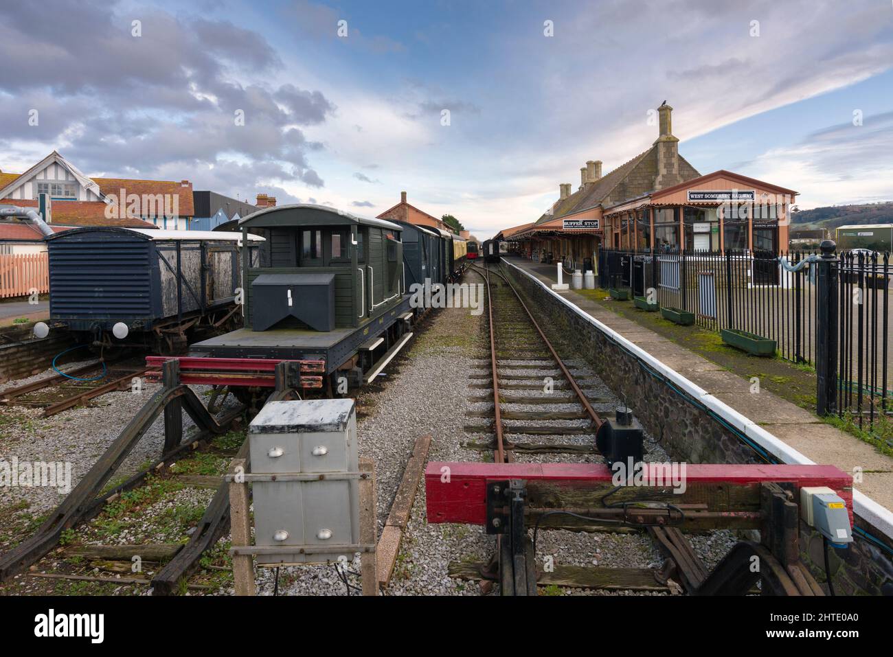Stazione Minehead all'estremità occidentale della linea ferroviaria West Somerset Heritage Railway, Somerset, Inghilterra. Foto Stock