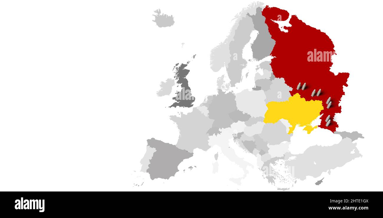 Guerra nucleare nella crisi Russia-Ucraina. Ucraino vs russo confini Europa-Asia 3D rendere mappa con bombe. Relazione diplomatica, strategia di conflitto Foto Stock