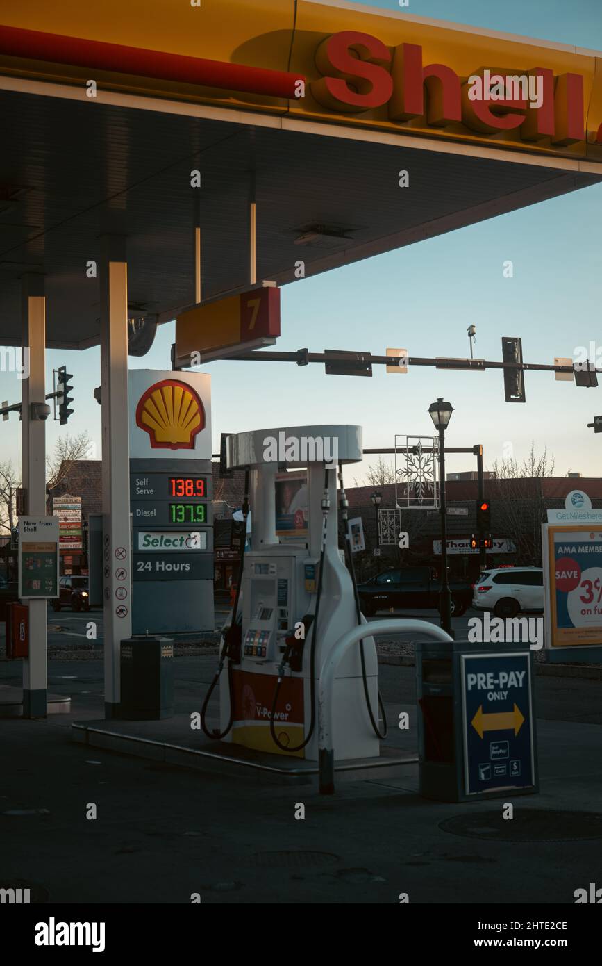 Colpo verticale della stazione di benzina della conchiglia con i prezzi del gas e le pompe nel telaio. Foto Stock
