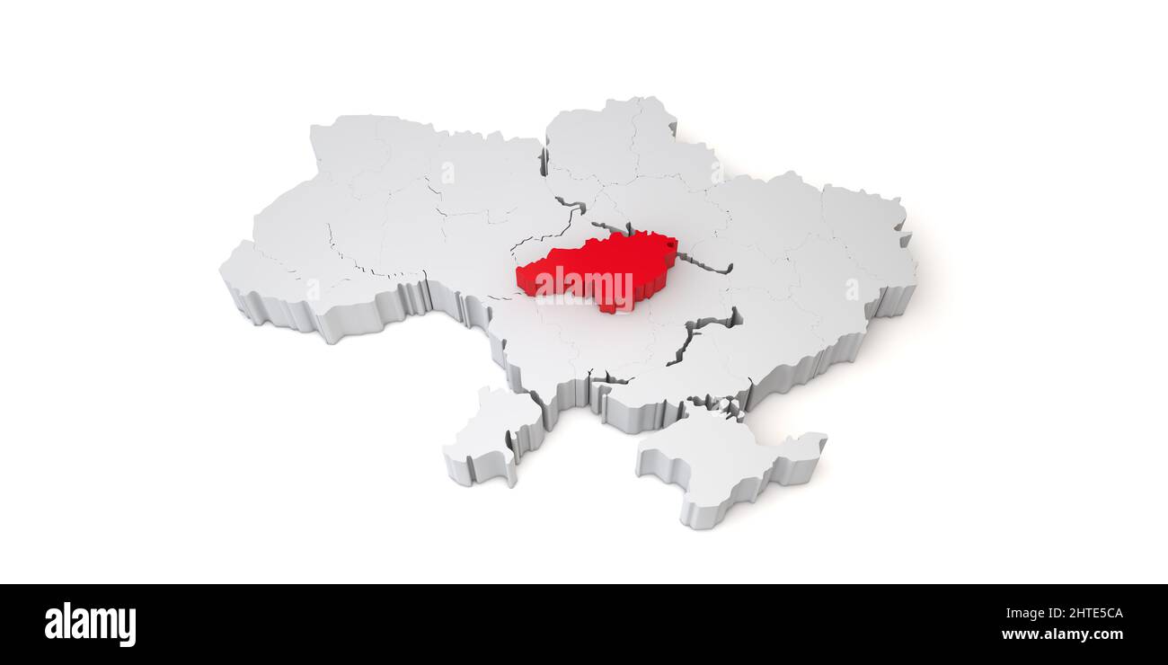 3D carta dell'Ucraina che mostra la regione di Kirovohrad in rosso. 3D rendering Foto Stock