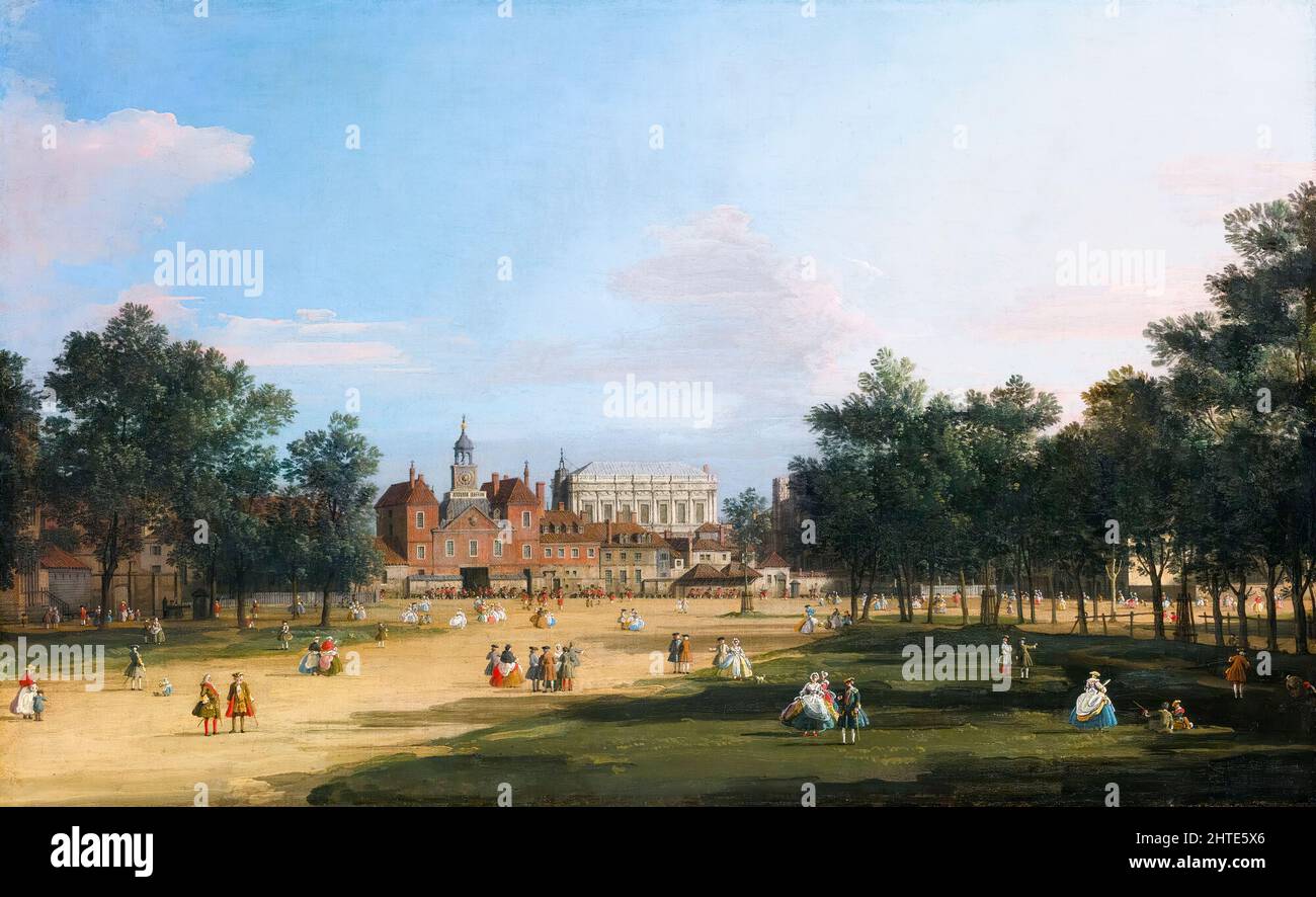 Londra: Vista delle Guardie del Vecchio Cavallo e della Banqueting Hall, Whitehall, vista dal St James' Park, dipinto a olio su tela di Giovanni Antonio Canal (Canaletto), 1749 Foto Stock