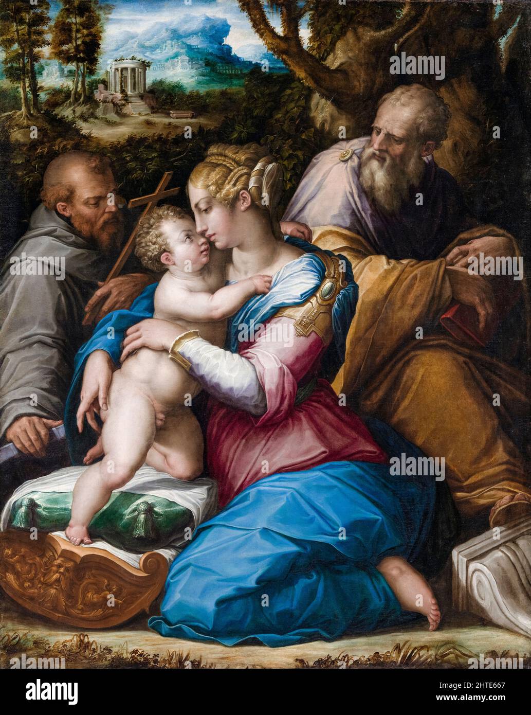 Sacra Famiglia con San Francesco, dipinto a olio su tela di Giorgio Vasari, 1542 Foto Stock
