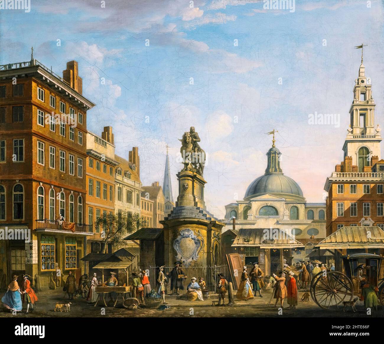 Vista del mercato delle azioni, Londra, dipinto a olio su tela di Joseph Nickolls, prima del 1738 Foto Stock