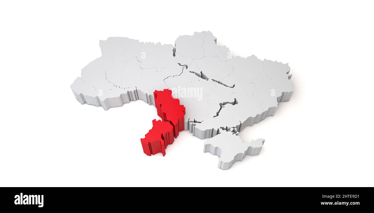 3D carta dell'Ucraina che mostra la regione di Odessa in rosso. 3D rendering Foto Stock