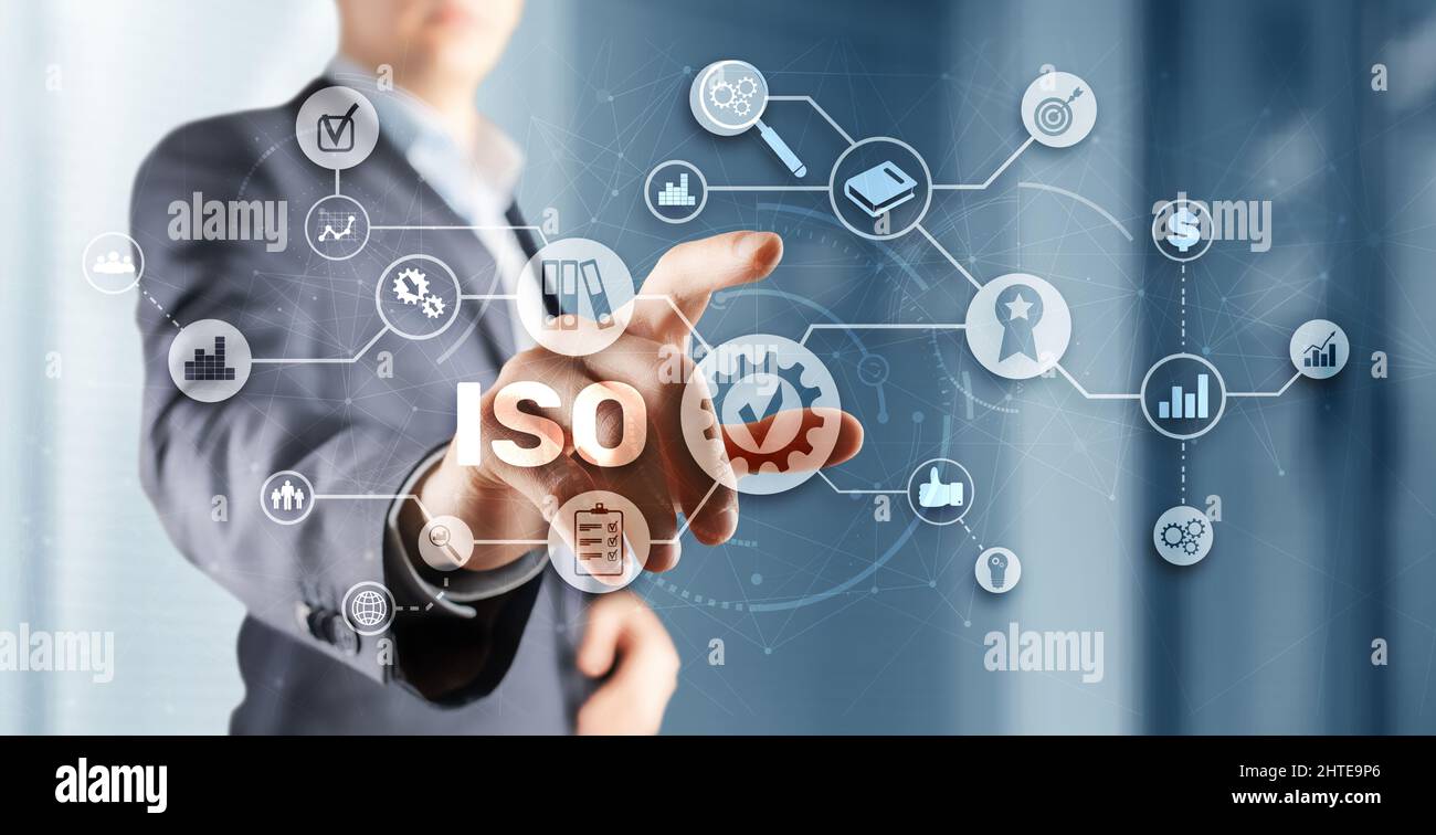 Concetto di certificazione ISO controllo di qualità standard. Standard internazionale sulla sicurezza delle informazioni. Foto Stock