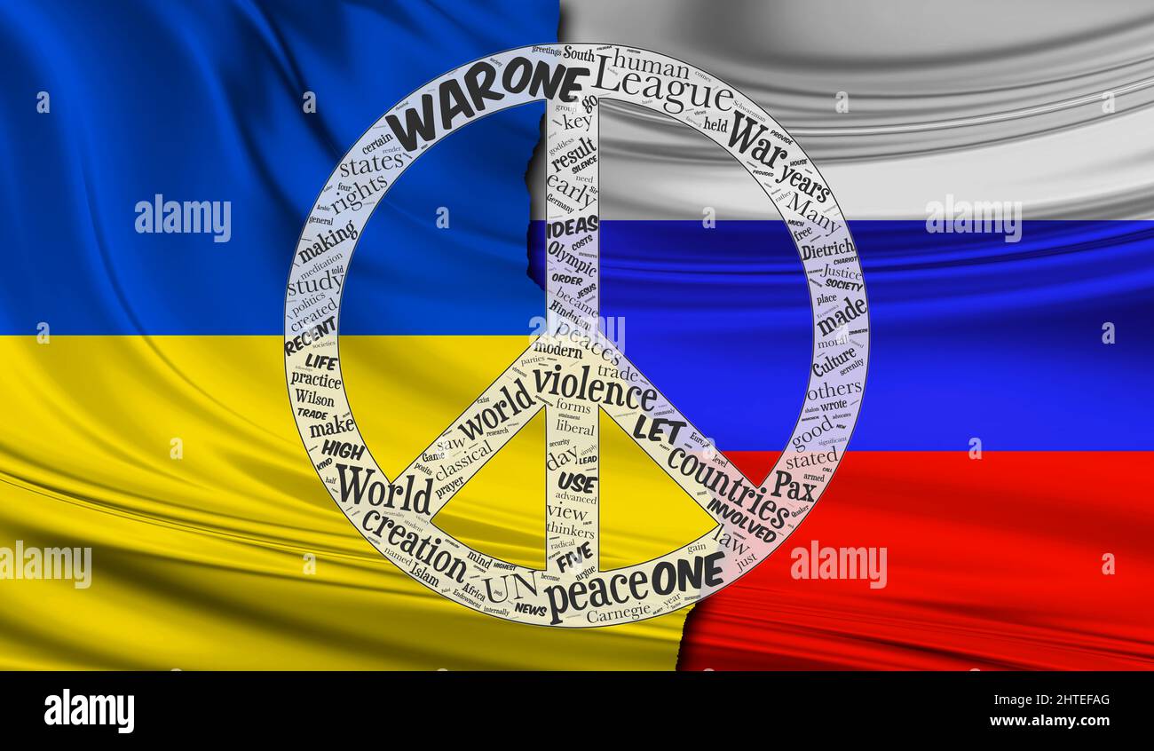 Bandiere di Ucraina e Federazione russa con un segno di pace . Concetto Amore e Pace tra Ucraina e Russia. Illustrazione Foto Stock