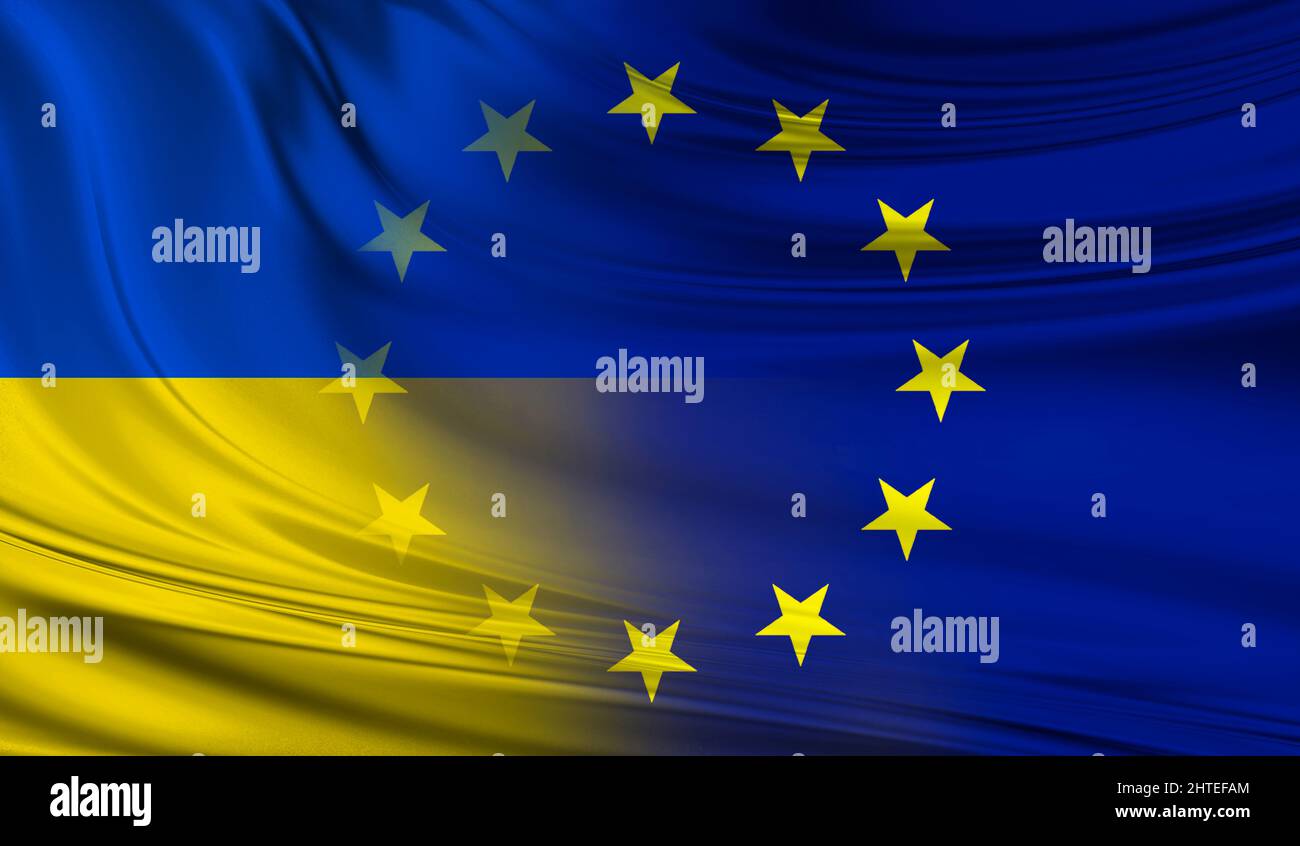 Bandiere dell'Ucraina e dell'Unione europea. Concetto di futura entrata dell'Ucraina nella comunità europea. Illustrazione. Foto Stock
