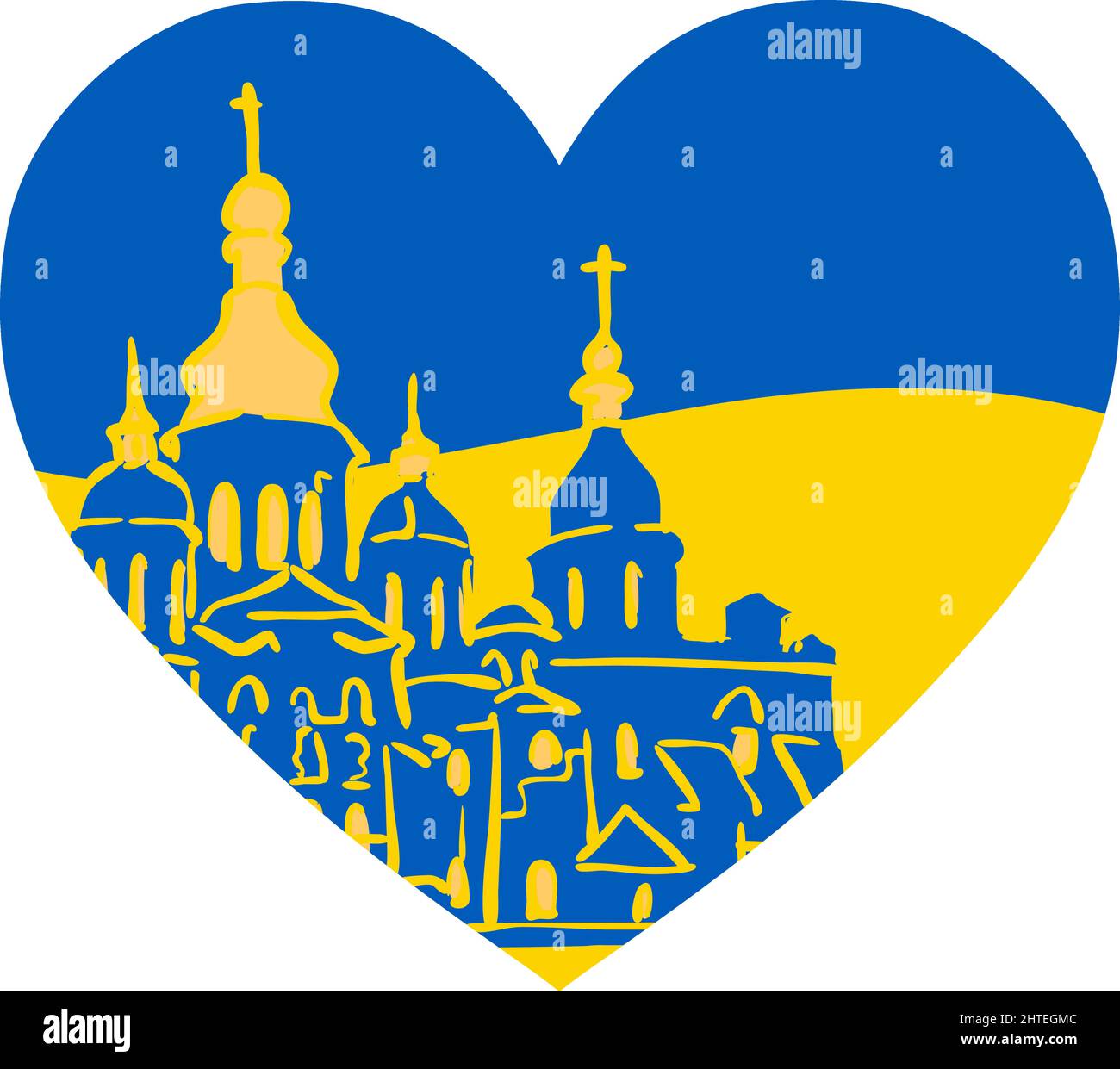 Kyiv Golden Towers in Heart icona. Simbolo patriottico con storico punto di riferimento. Icona della bandiera del vento ondulata. Allarme blu-giallo. Gloria all'Ucraina. Simbolo di pace-Supp Illustrazione Vettoriale