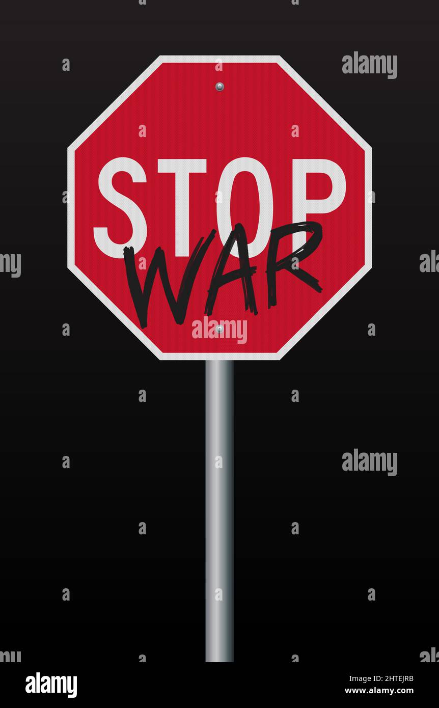 Illustrazione vettoriale del cartello rosso Stop Road con la parola guerra in nero Illustrazione Vettoriale