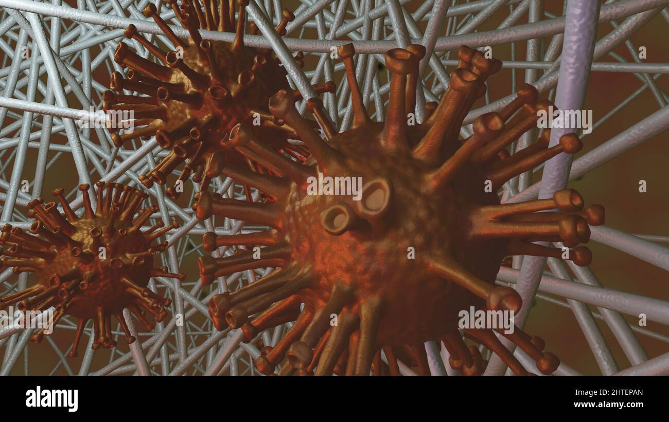 Virus Covid-19 catturati in nanofibre. Germi, spore , batteri , patogeni, virus corona intrappolati in microfibre maschera. 3d rappresentazione illustrazione Foto Stock