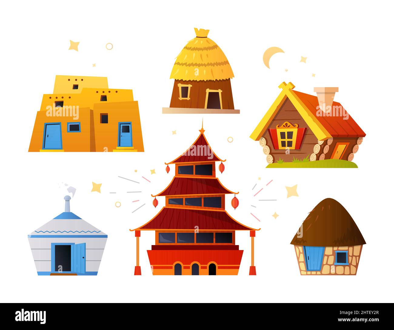 Edifici etnici - moderno edificio in stile design piano. Immagine dettagliata ordinata del tempio della pagoda asiatica, capanna di legno russa, bagno, case di argilla messicane Illustrazione Vettoriale