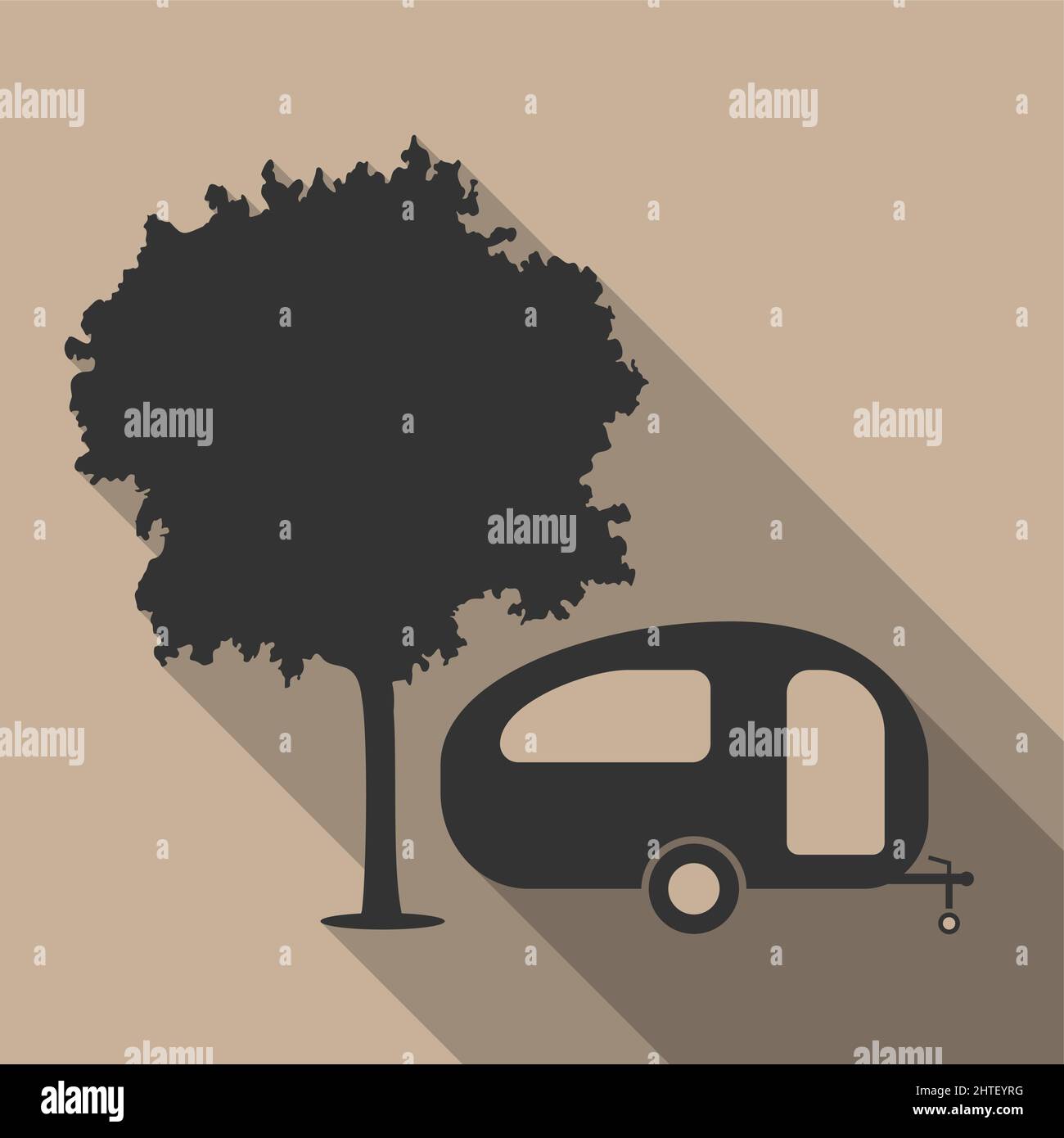 rimorchio da campeggio sotto l'albero, semplice illustrazione vettoriale piatta Illustrazione Vettoriale