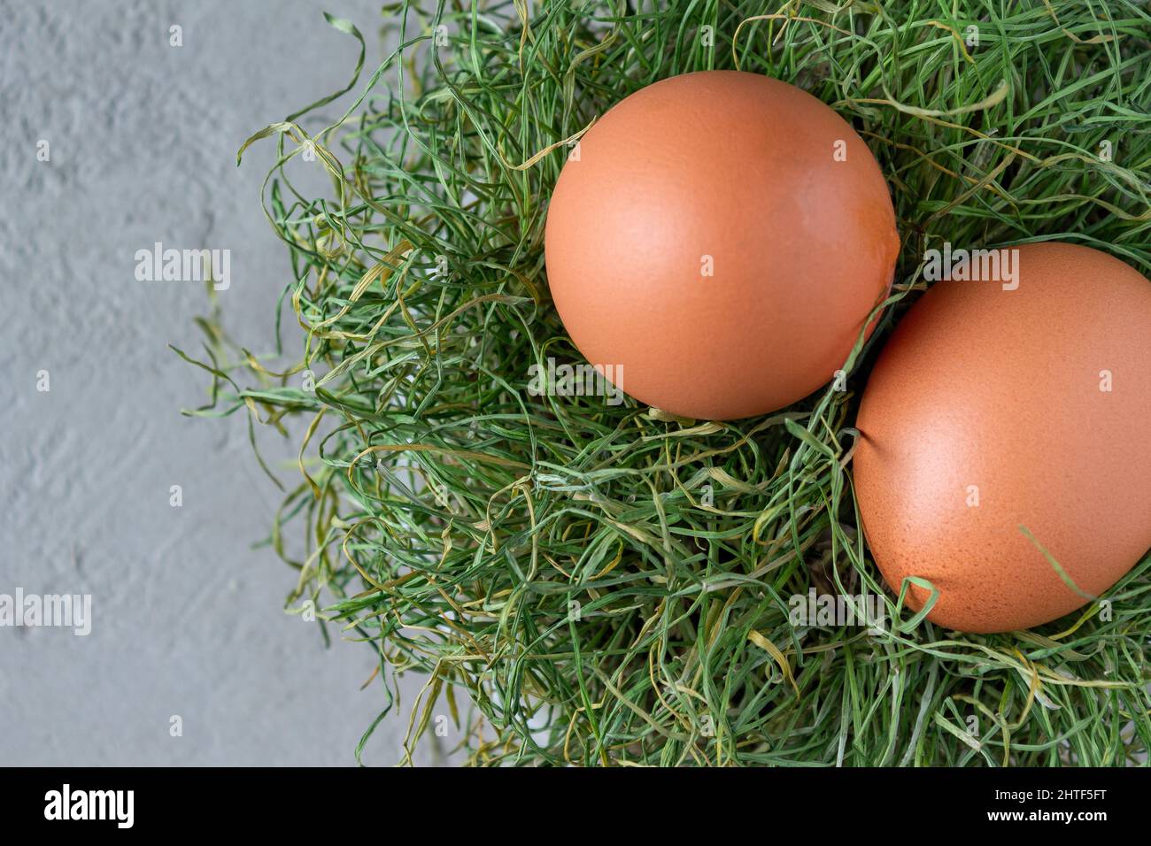 due uova di pollo si trovano in un nido di erba secca, primo piano Foto Stock