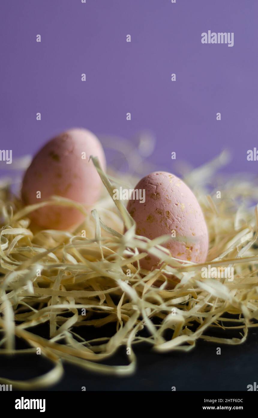 uova rosa nel primo piano del nido Foto Stock