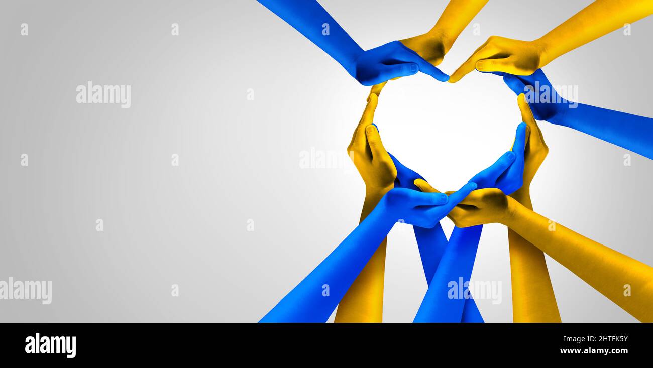 Ucraina e unità Ucraina partenariato europeo come mani di cuore in un gruppo di persone collegate tra loro forma come un simbolo di sostegno che esprime la sensazione Foto Stock