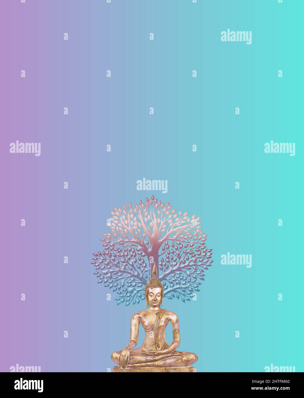 Sfondo spirituale con statua di buddha e albero di vita isolato in sfondo colorato Foto Stock