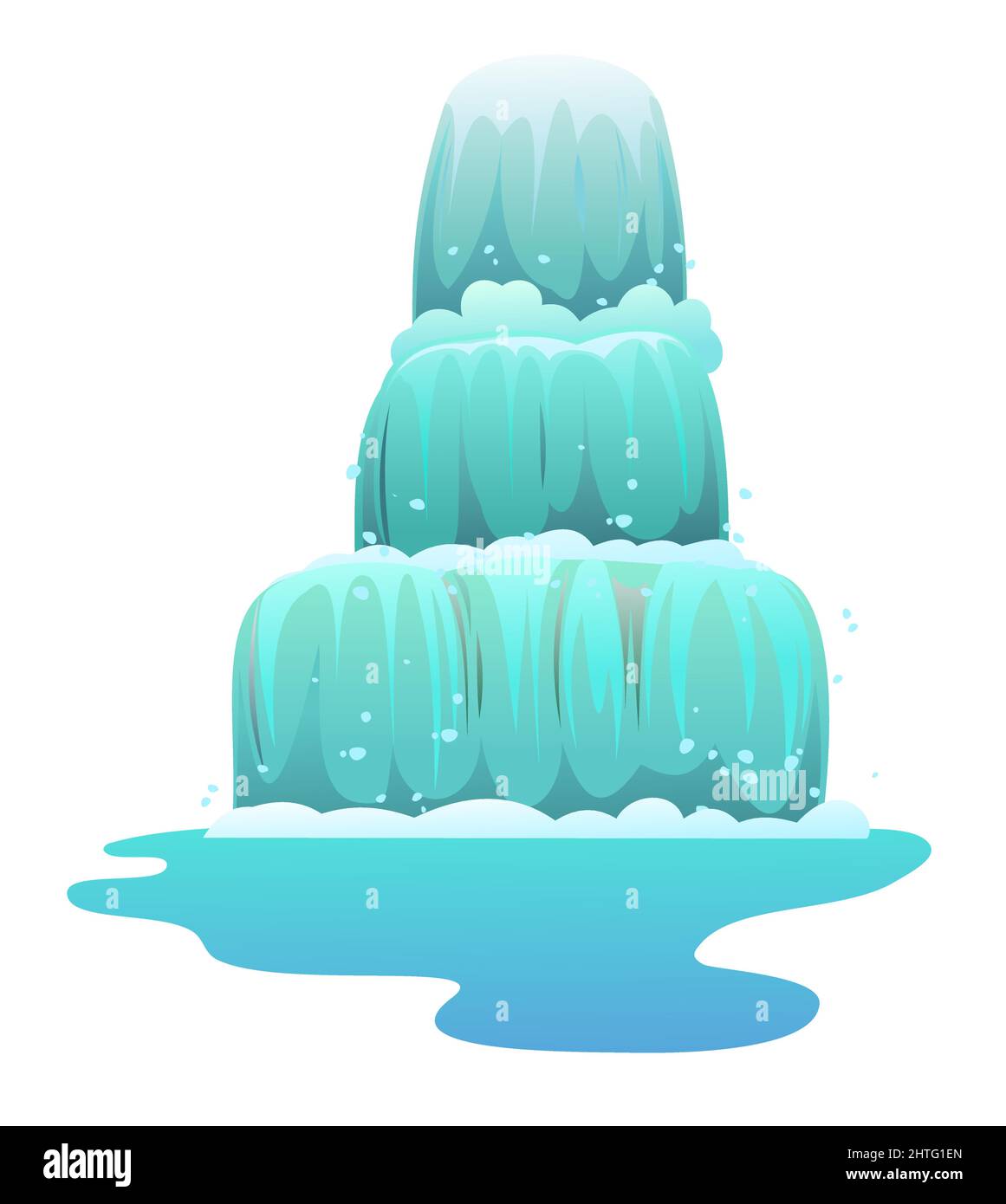 Acqua di cascata in streaming. Tre cascate fluiscono verso il basso. Streaming veloce con schizzi. Oggetto isolato su sfondo bianco. Vettore. Illustrazione Vettoriale