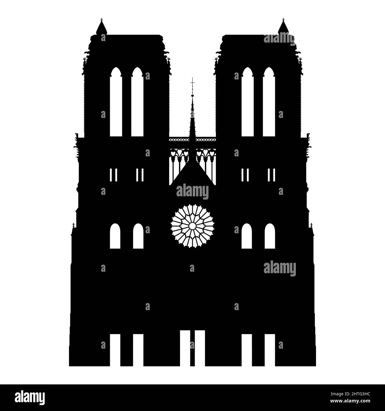 Un'illustrazione di una silhouette nera della Cattedrale di Notre-Dame su uno sfondo isolato Foto Stock