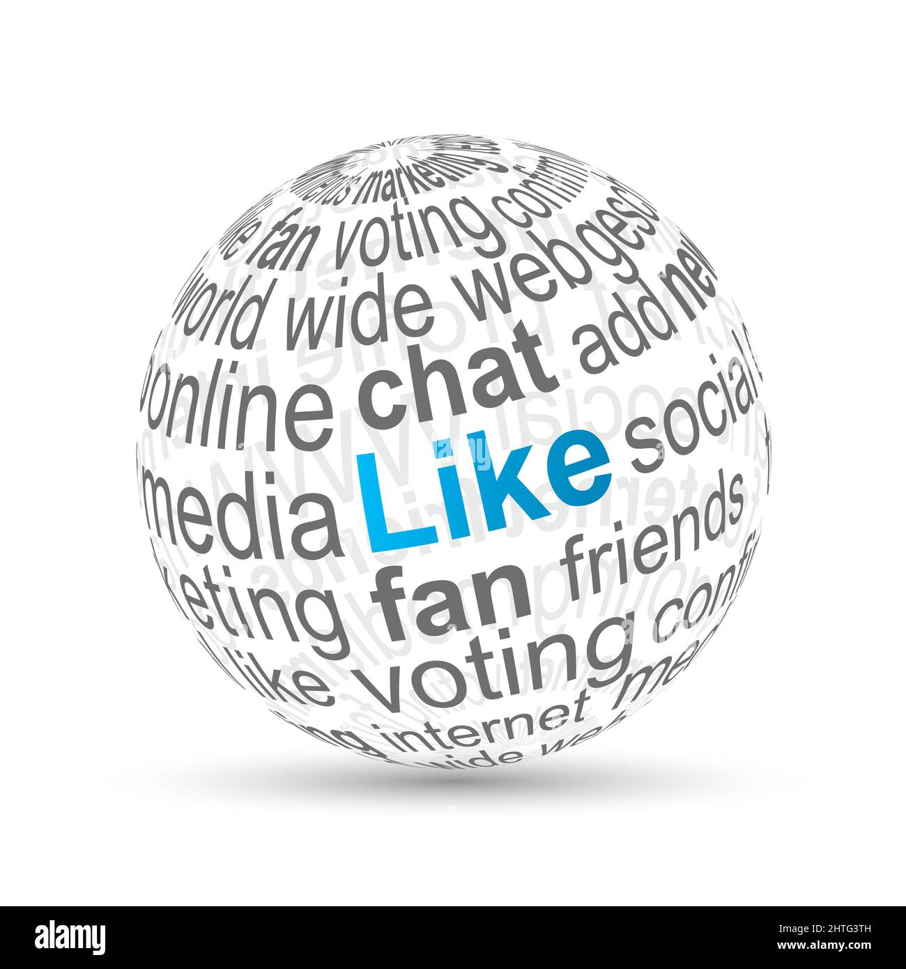Illustrazione del globo con parole come 'fan, chat, voto, pagina web, ecc.'  scritte su di esso Foto stock - Alamy