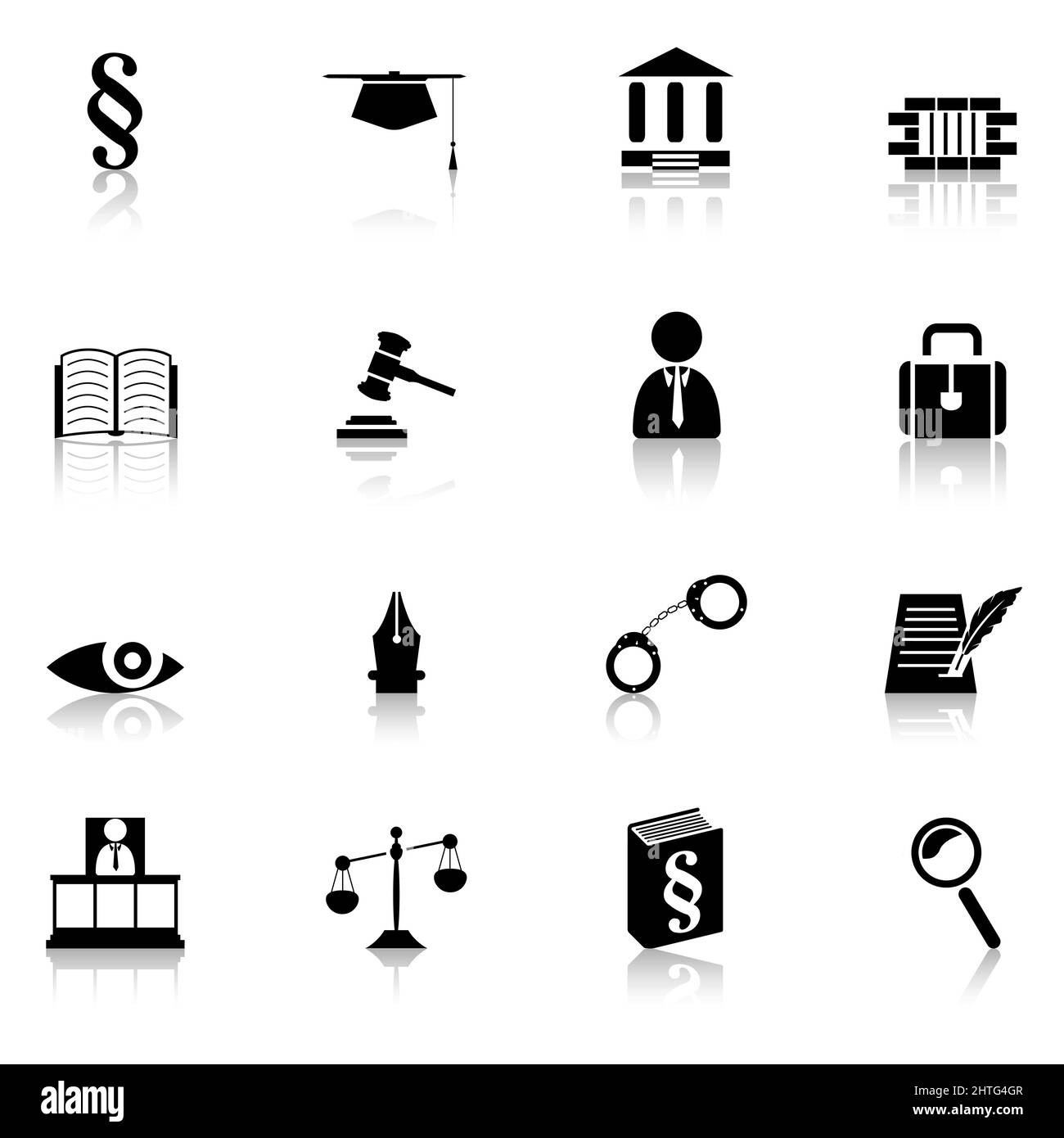 Illustrazione digitale di icone isolate in bianco e nero a tema giurisdizione Foto Stock