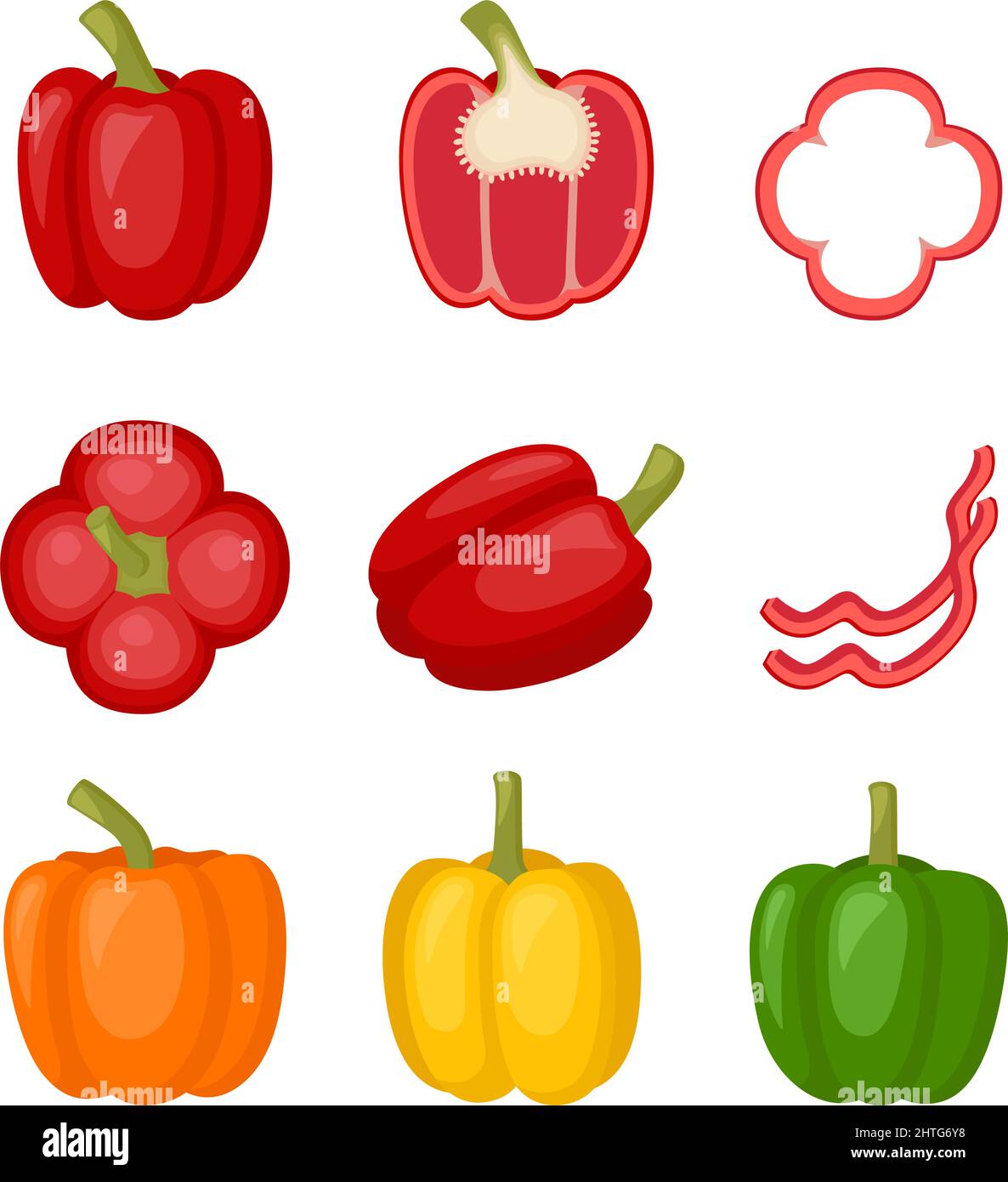 Peperoni rossi dolci, gialli, arancioni, peperoni. Fettine di pepe, taglia metà paprika piena, illustrazione vettoriale Illustrazione Vettoriale