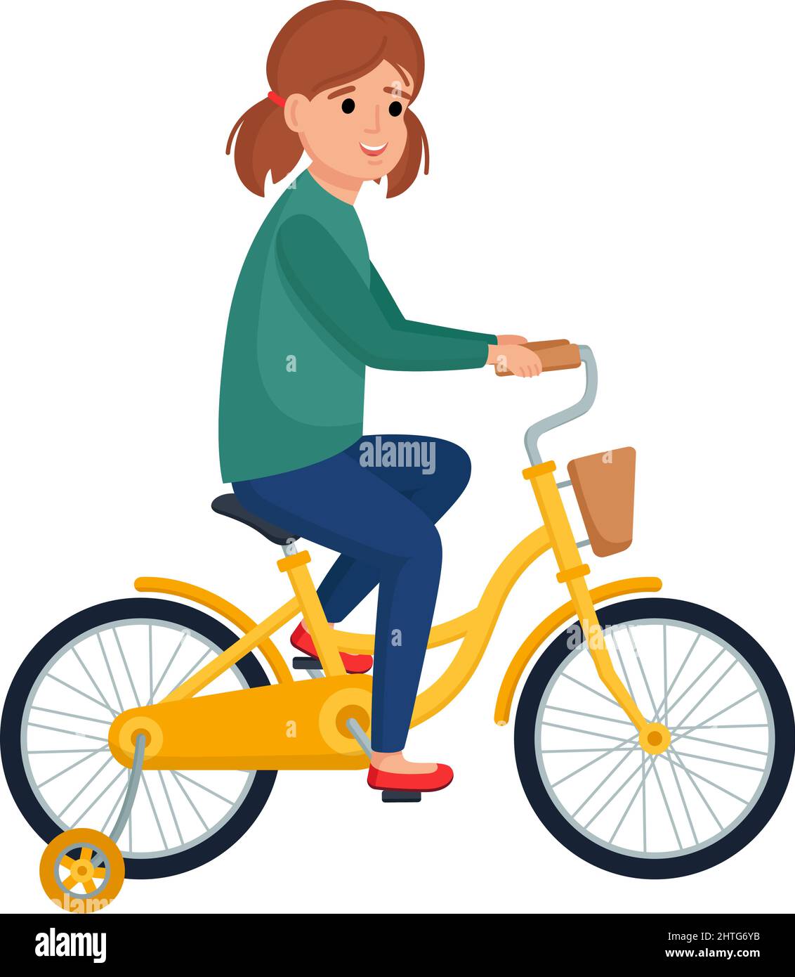 Carino ragazza bicicletta da corsa. Sorridente bambino in bicicletta, illustrazione vettoriale Illustrazione Vettoriale