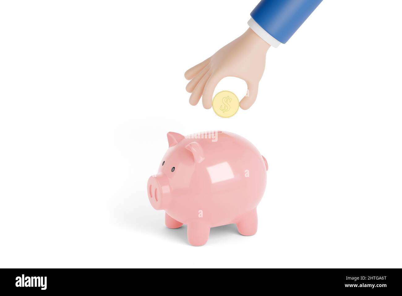 Cartoon mano mettere una moneta in una banca piggy isolato su sfondo bianco. 3d illustrazione. Foto Stock