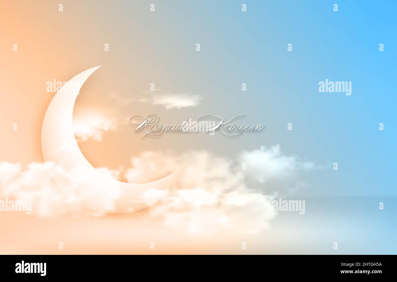 Luna di Crescent arabo simbolo islamico Ramadan Kareem nel cielo concetto per la comunità musulmana festival. Illustrazione vettoriale del modello di banner su cielo blu Illustrazione Vettoriale