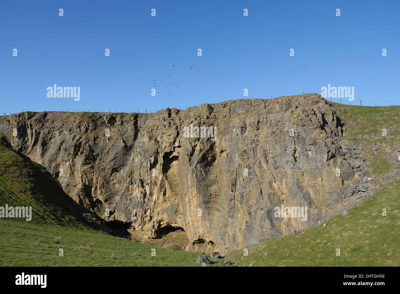 Faccia della cava vicino a Dirtlow Rake, vicino Castleton, Derbyshire. Una parete rocciosa enorme e scarpata è recintata fuori dall'alto e mostra le entrate della grotta sotto. Foto Stock