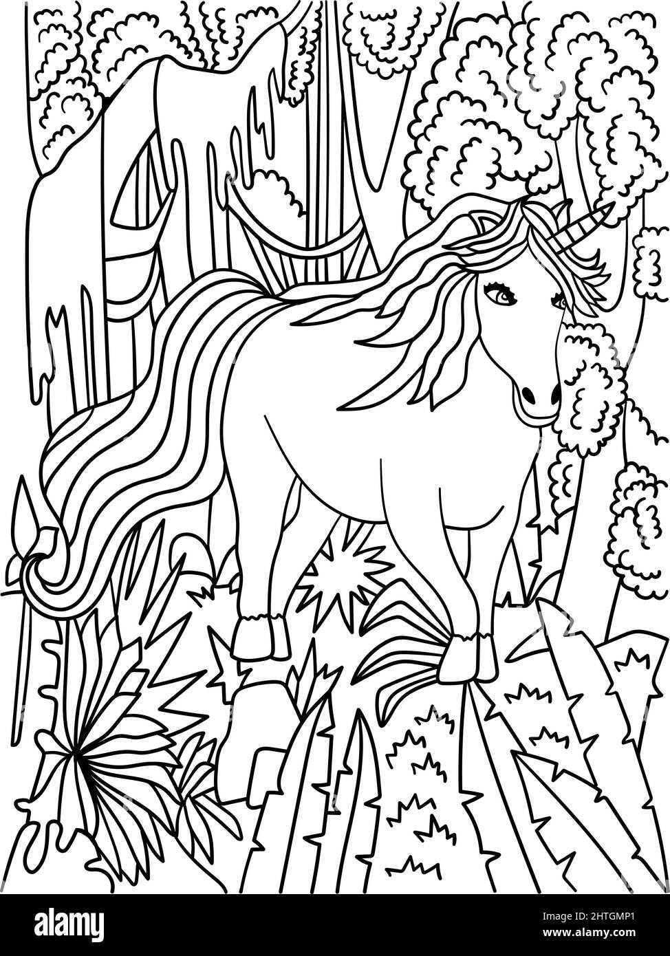 Unicorn in Forest colorazione pagina per adulti Illustrazione Vettoriale