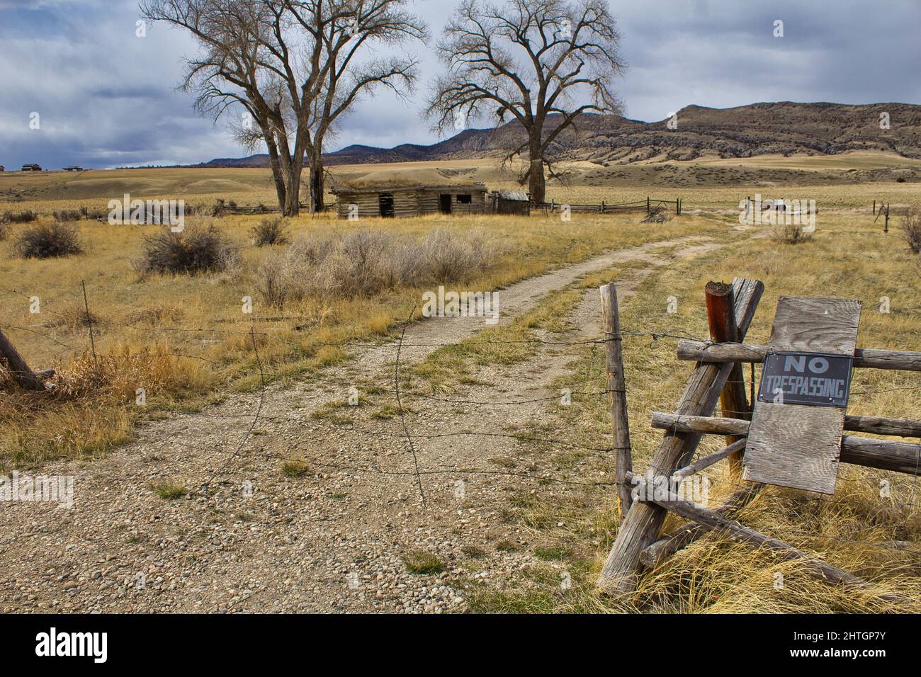 Ex Montana state Park - Parker Homestead con nessun segno di respirazione che indica che è ora terra privata. Foto Stock