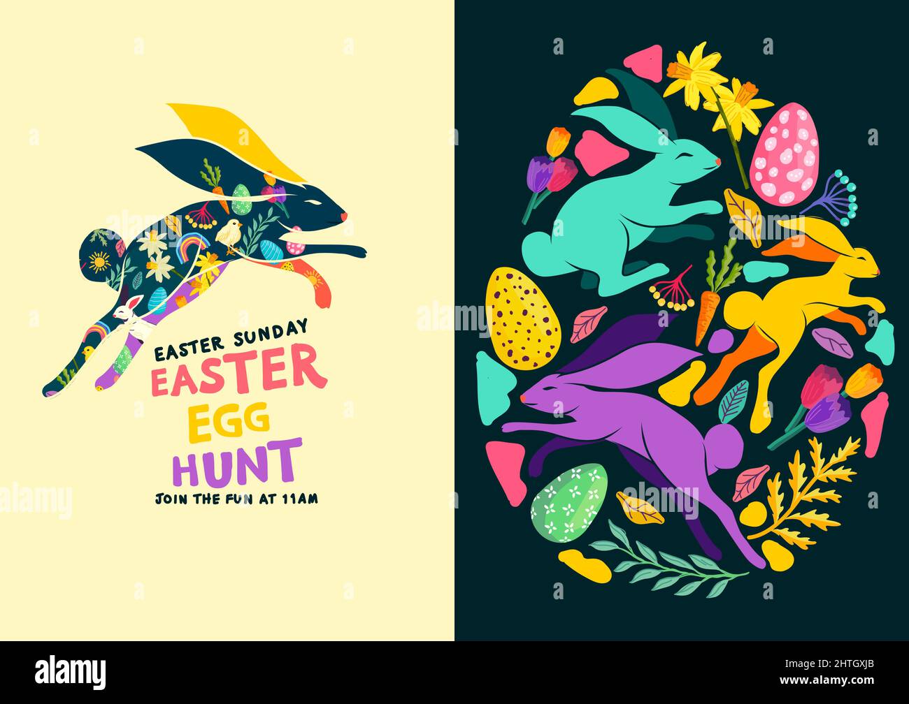 Brillanti e colorati Happy easter Egg caccia strutture e layout. Illustrazione vettoriale. Illustrazione Vettoriale