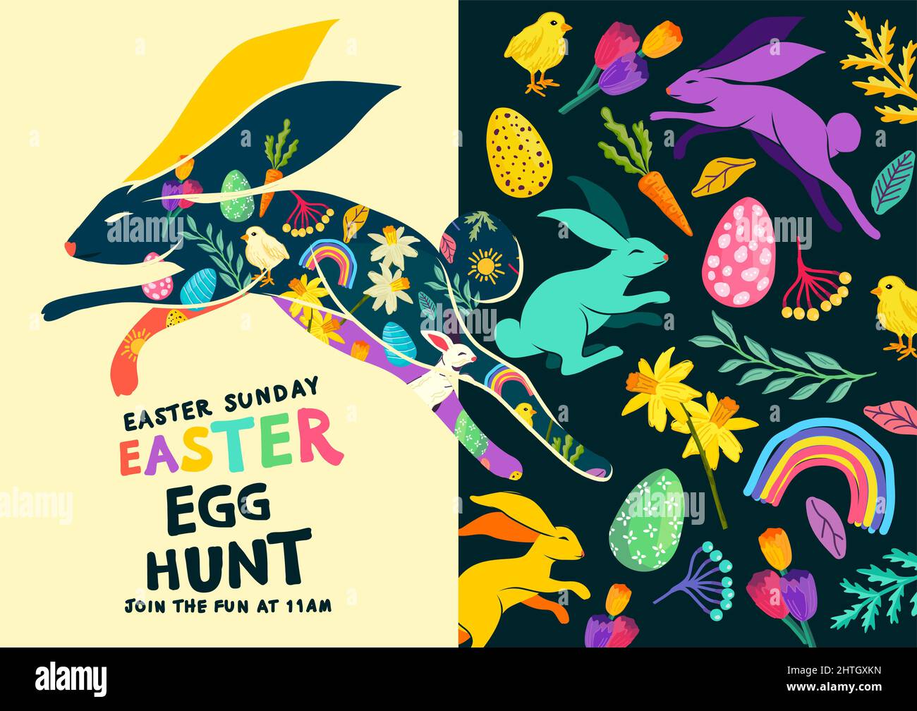 Coloratissime texture e layout di caccia all'uovo di pasqua felice. Illustrazione vettoriale. Illustrazione Vettoriale