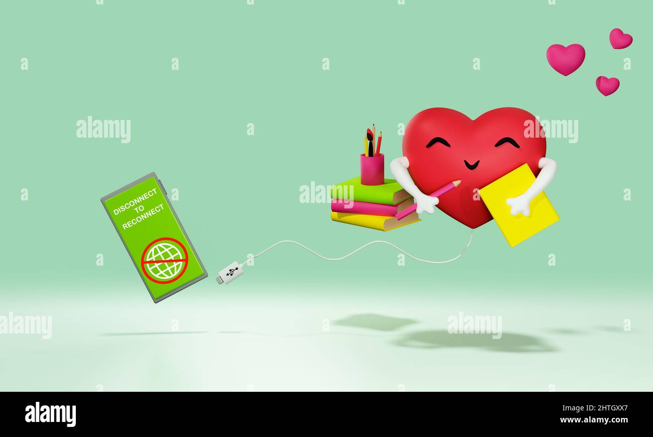 Scollega per riconnetterti, detox digitale, cuore che gode di libri e arte, 3D illustrazione Foto Stock