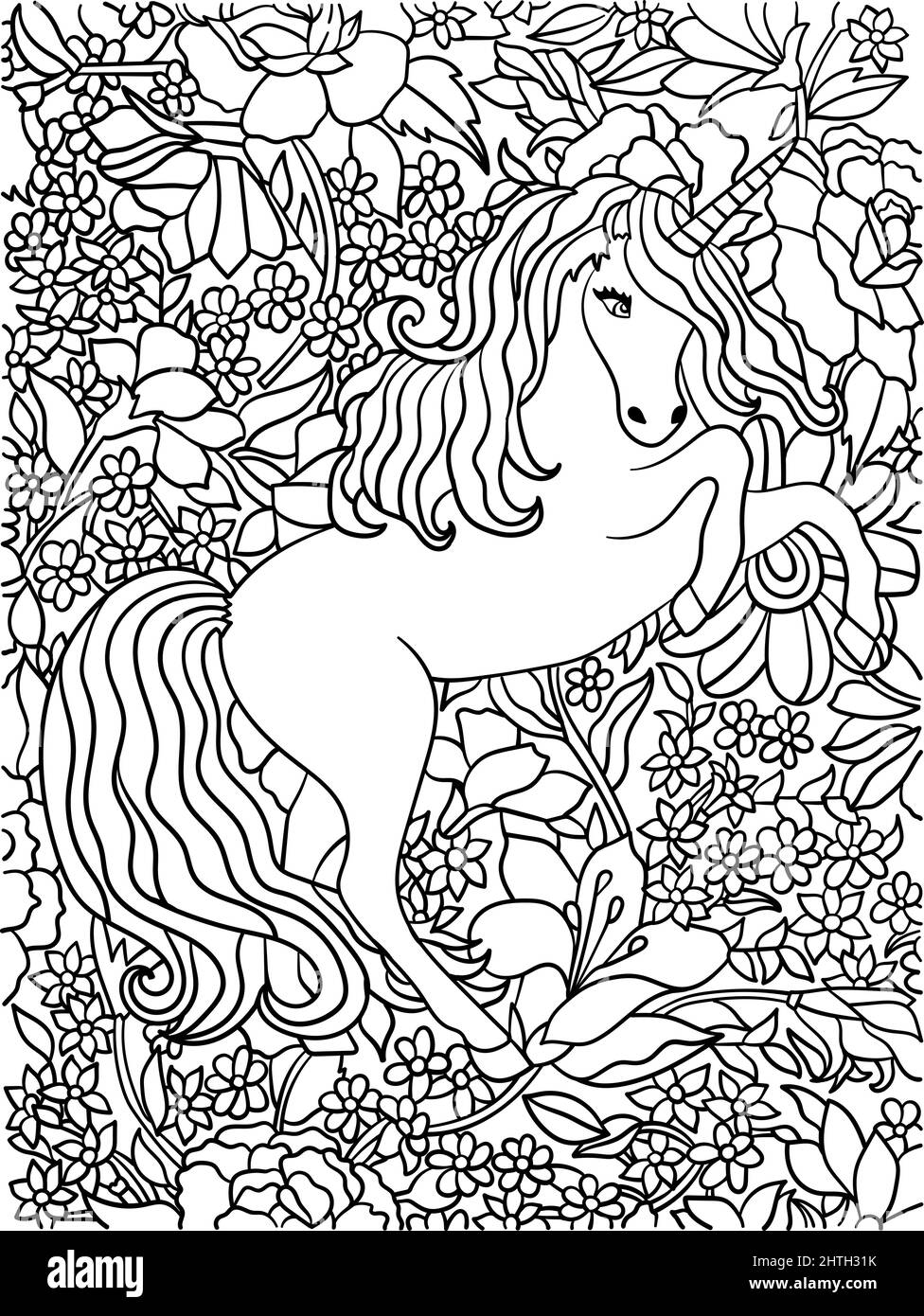 Unicorn Leaping su Flower Coloring Page per adulti Illustrazione Vettoriale