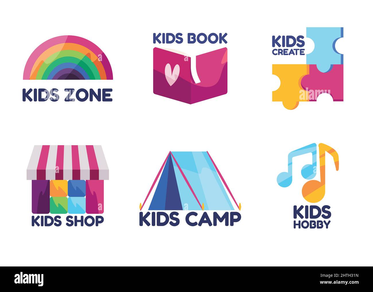 Simboli colorati del mondo dei bambini gradisca l'arcobaleno per i capretti zona libri icona libro tenda campo negozio puzzle creare notazione musicale hobby cartone animato moderno Illustrazione Vettoriale