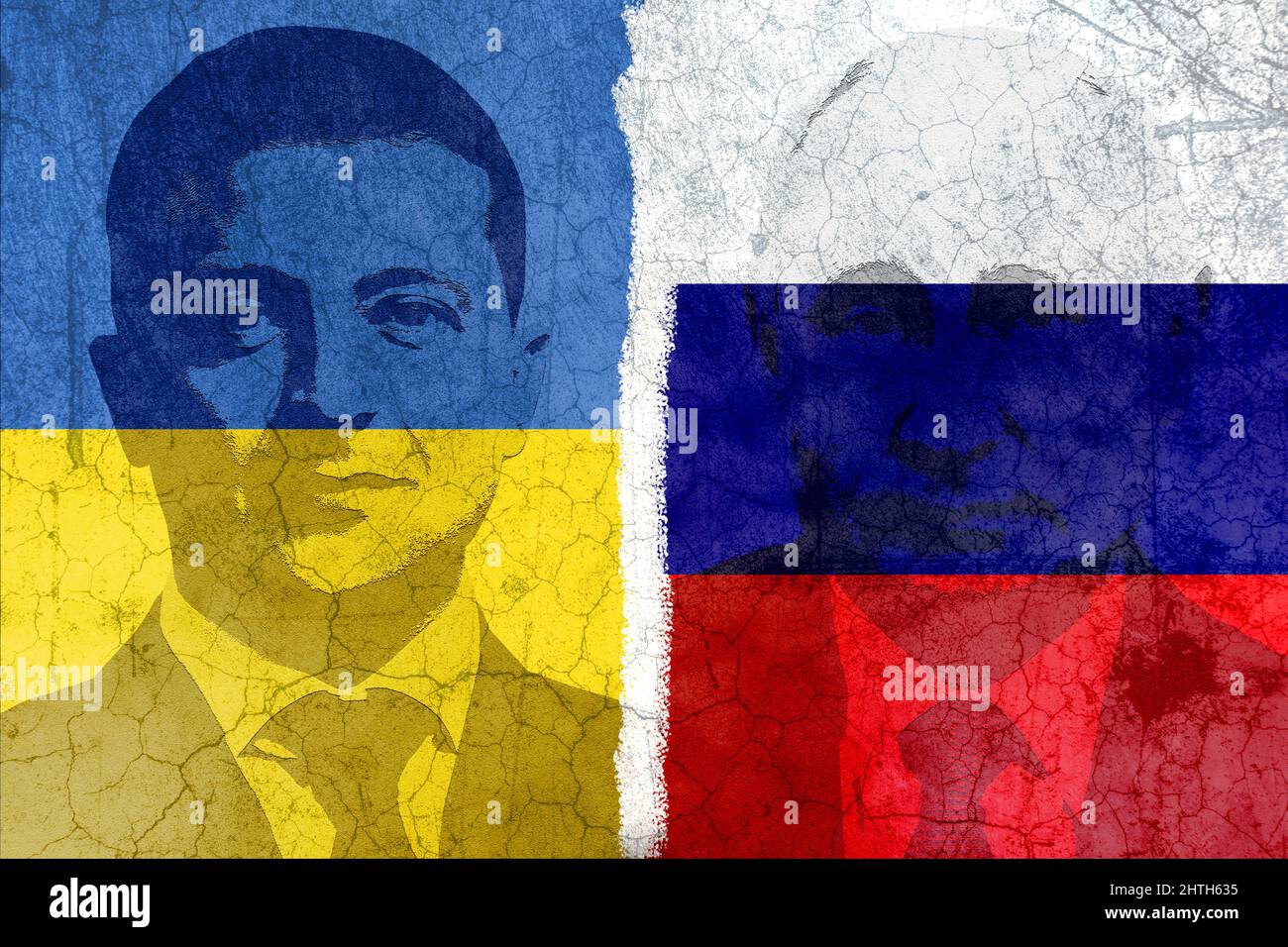Bandiere ucraine e russe con i volti dei presidenti Volodymyr Zelensky e Vladimir Putin Foto Stock