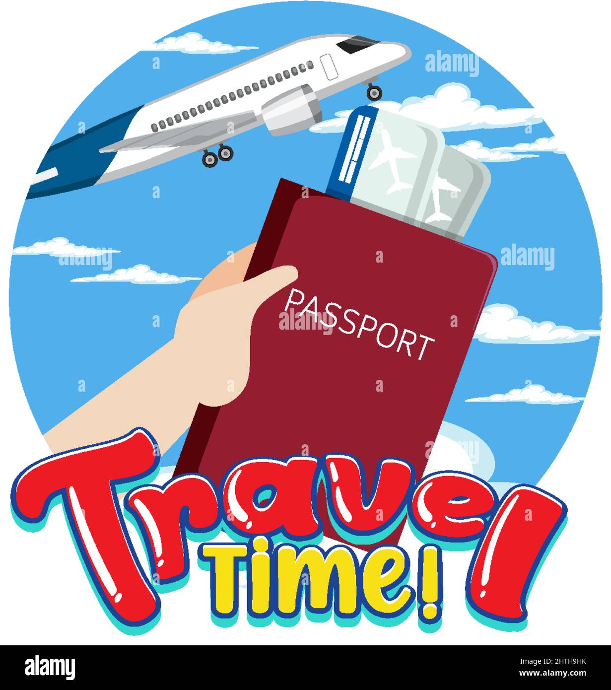 Disegno tipografico del tempo di viaggio con illustrazione del passaporto Illustrazione Vettoriale
