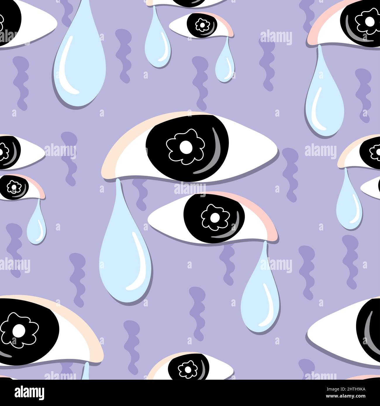 Pattern senza giunture di lacrima piangere occhi su sfondo viola. Illustrazione vettoriale isolata. Due occhi con lacrime cadono. Foto Stock