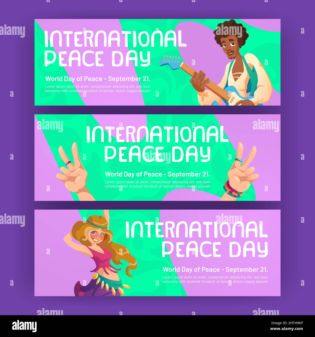 Striscioni internazionali per la giornata della pace con gente hippie e mostra a mano V il gesto. Poster vettoriali orizzontali del mondo pacifico della giornata globale con uomo cartoon con chitarra, ragazza e segno mano con due dita Illustrazione Vettoriale