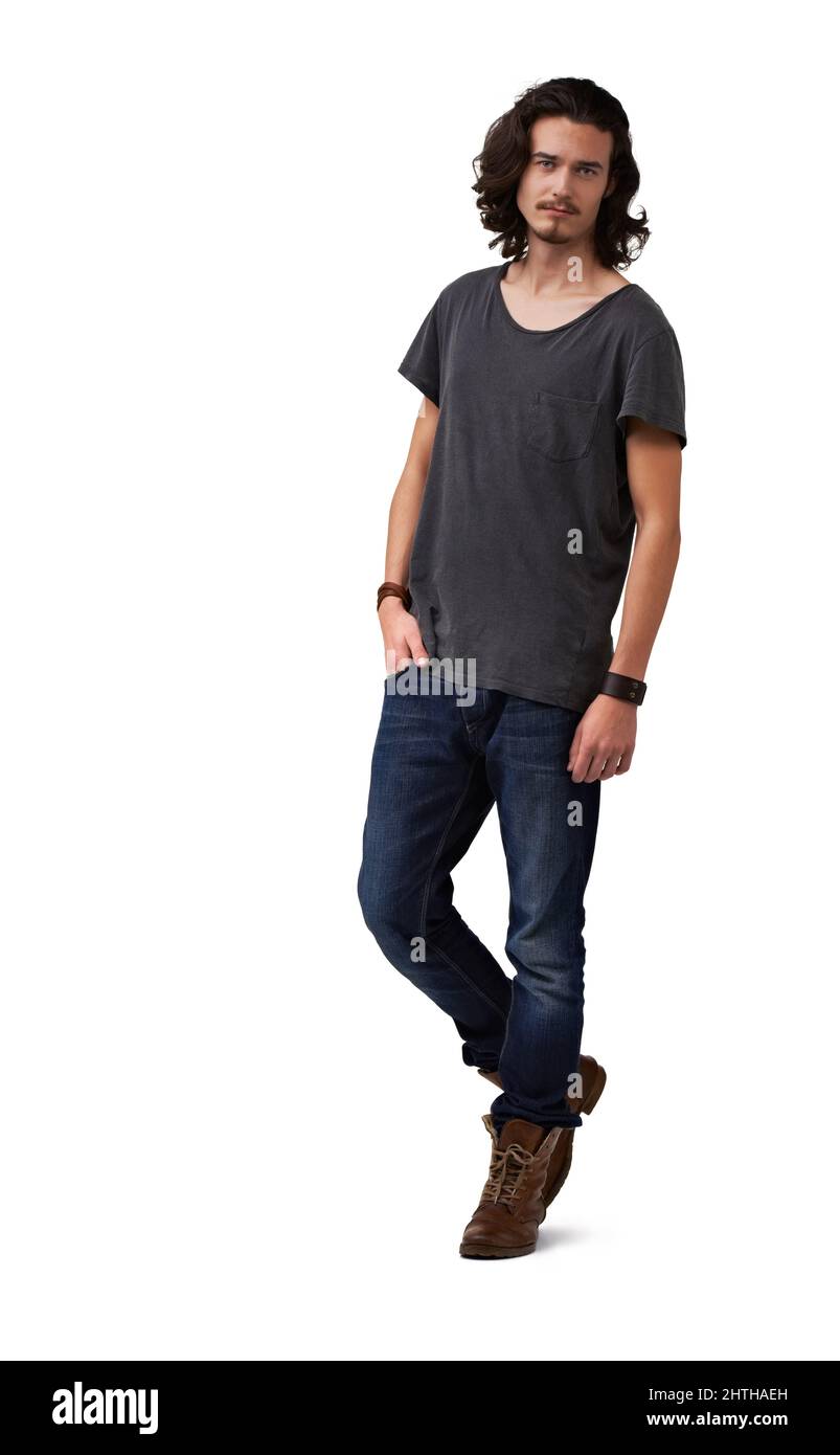 Ha un atteggiamento diavolo-può-cura. Bel giovane uomo casual in piedi su uno sfondo bianco - a tutta lunghezza. Foto Stock