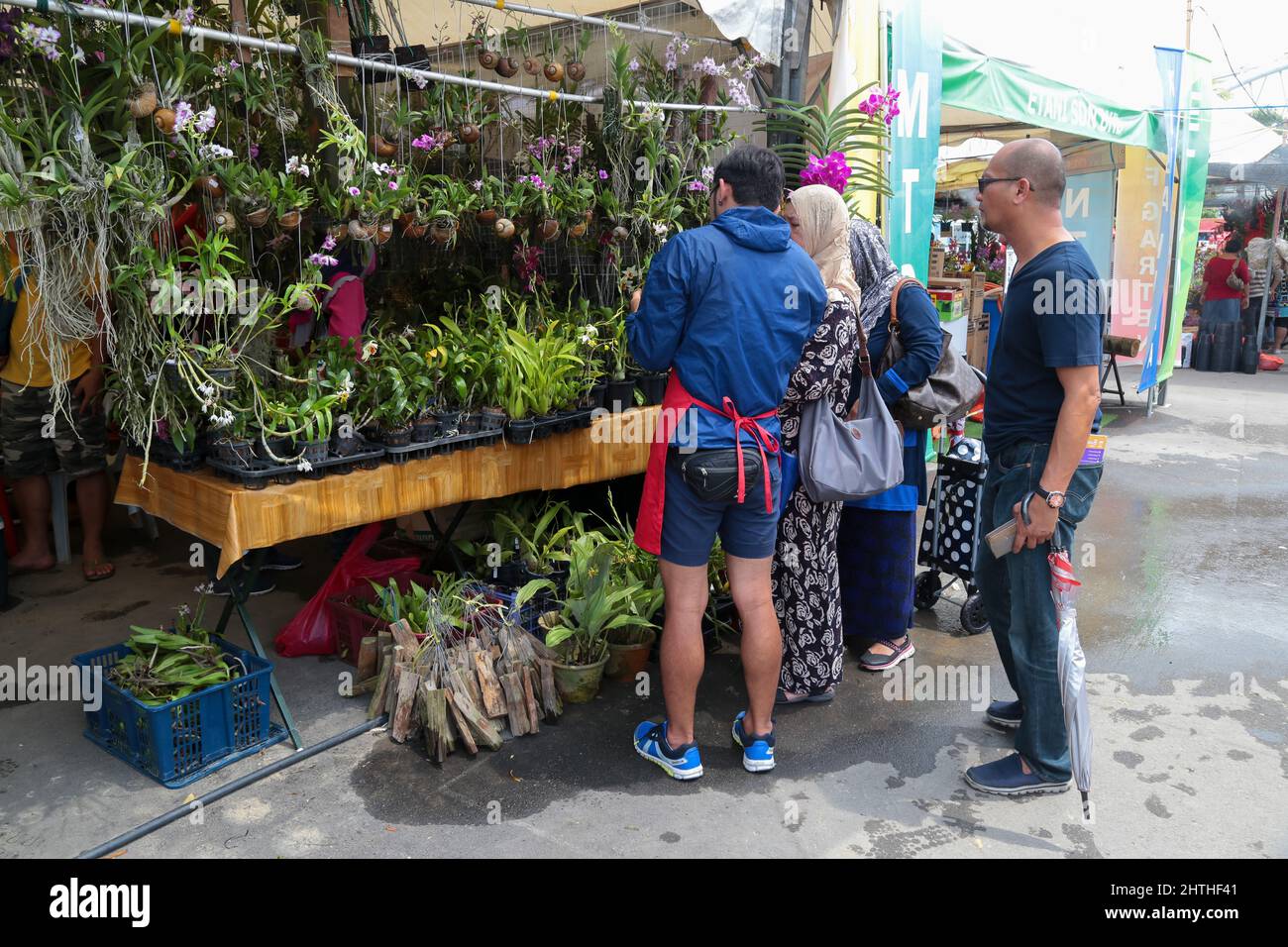Proprietario di stallo che assiste ai suoi clienti nella sua bancarella di fiori ad una fiera agricola. Foto Stock