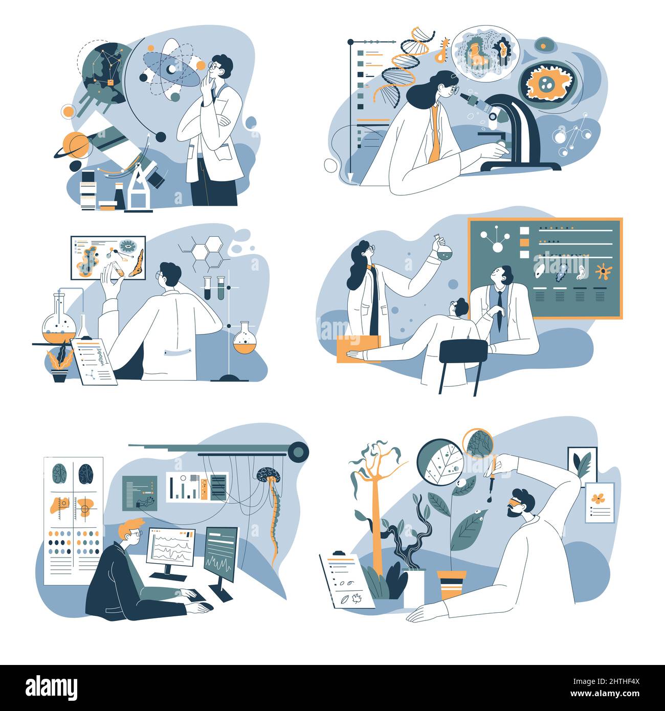 Ricercatori e scienziati che lavorano in laboratori Illustrazione Vettoriale