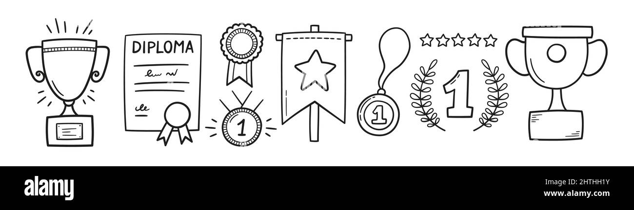 Premi, coppe trofei, medaglie al primo posto e set di diplomi. Medaglia d'oro Doodle e coppa di trofei campione. Icone decorative disegnate a mano. Vettore Illustrazione Vettoriale