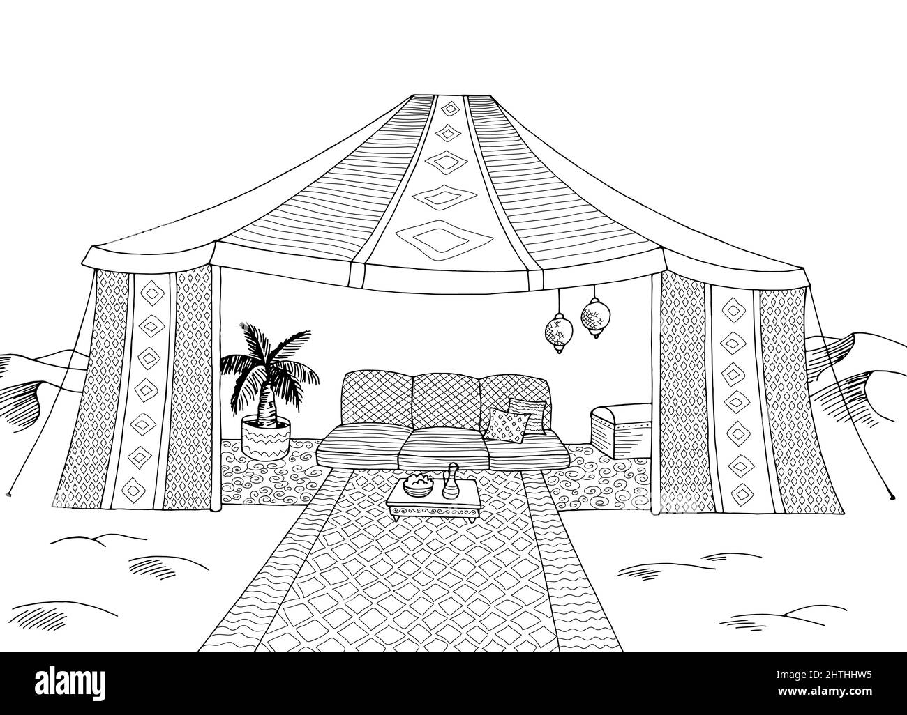 Desert tenda grafica nero bianco disegno paesaggio illustrazione vettore Illustrazione Vettoriale