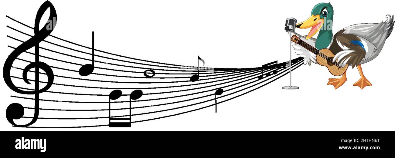 La chitarra anatra suona, ukulele con illustrazione di nota musicale Illustrazione Vettoriale