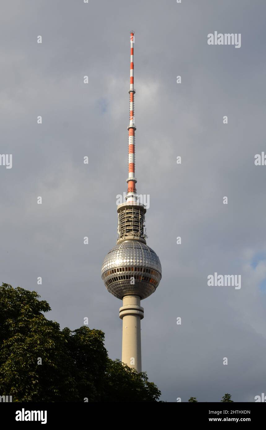 Berlino, Berlino, Germania - Giugno 20 2014: La torre della televisione di Berlino vicino a Piazza Alexander nel centro di Berlino con alcuni alberi in primo piano Foto Stock